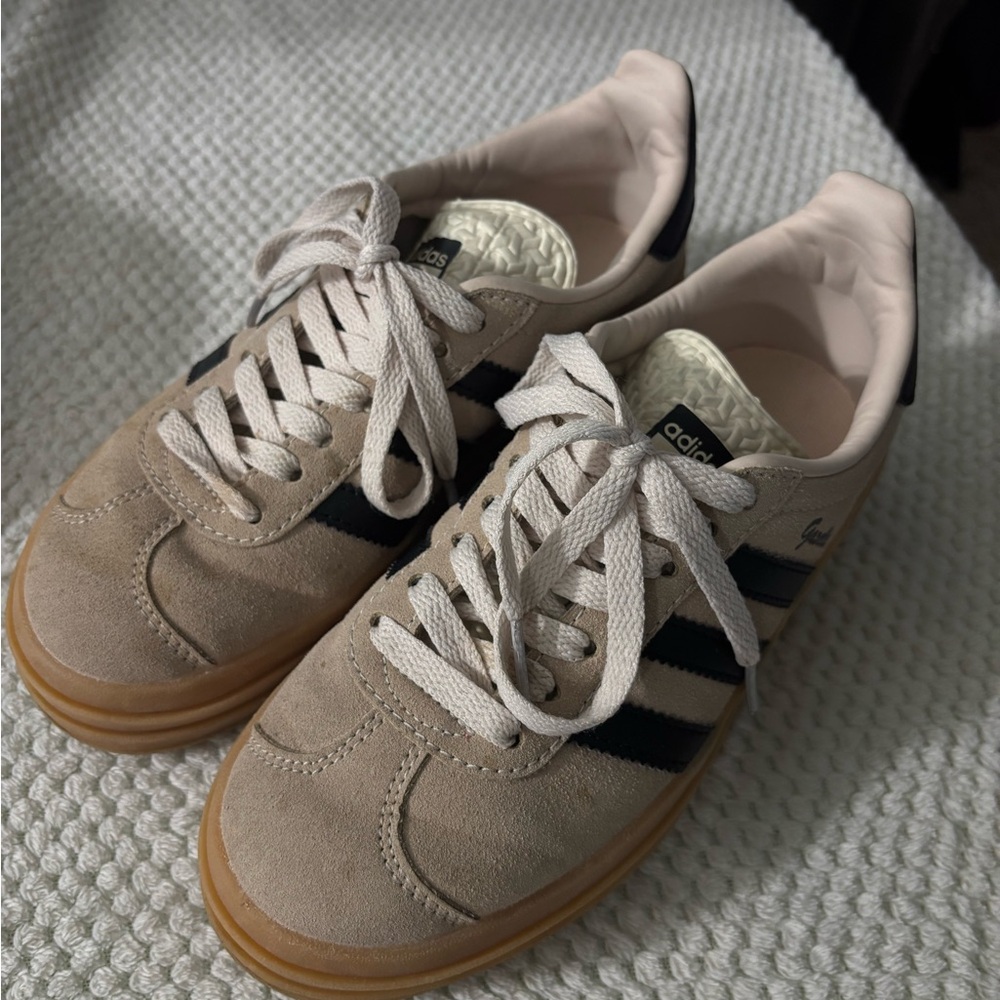 adidas Beige Suede Athletic Sneakers with Black Stripes
